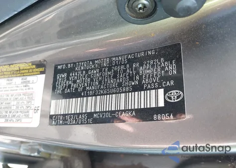2005 Toyota Camry Xle V6 z USA, uszkodzony, nr VIN 4T1BF32K65U605885